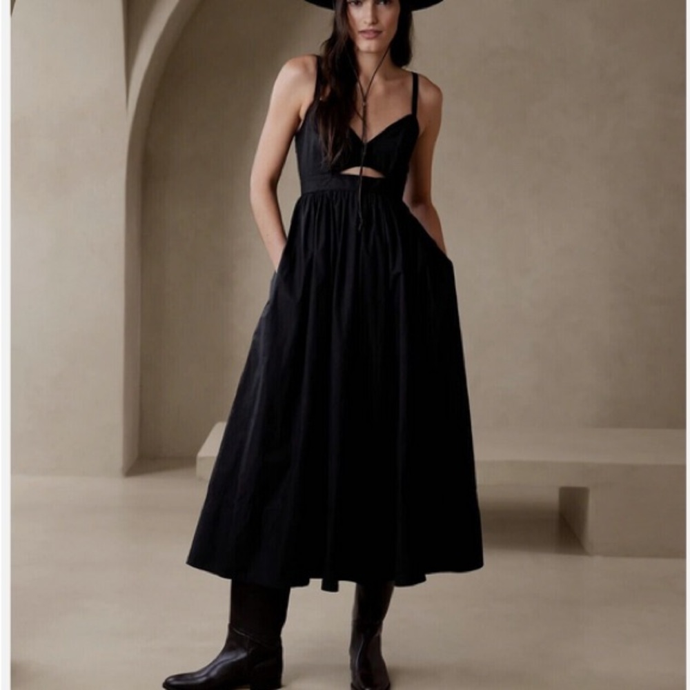 Banana Republic Isa Cotton Midi Maxi Dress Black Cutout Fit & Flare 8 Tall NWT